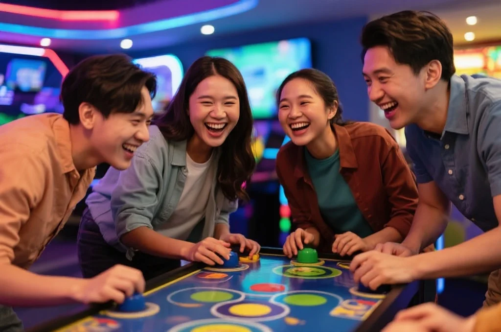 一群朋友和家人在娱乐中心享受互动游戏